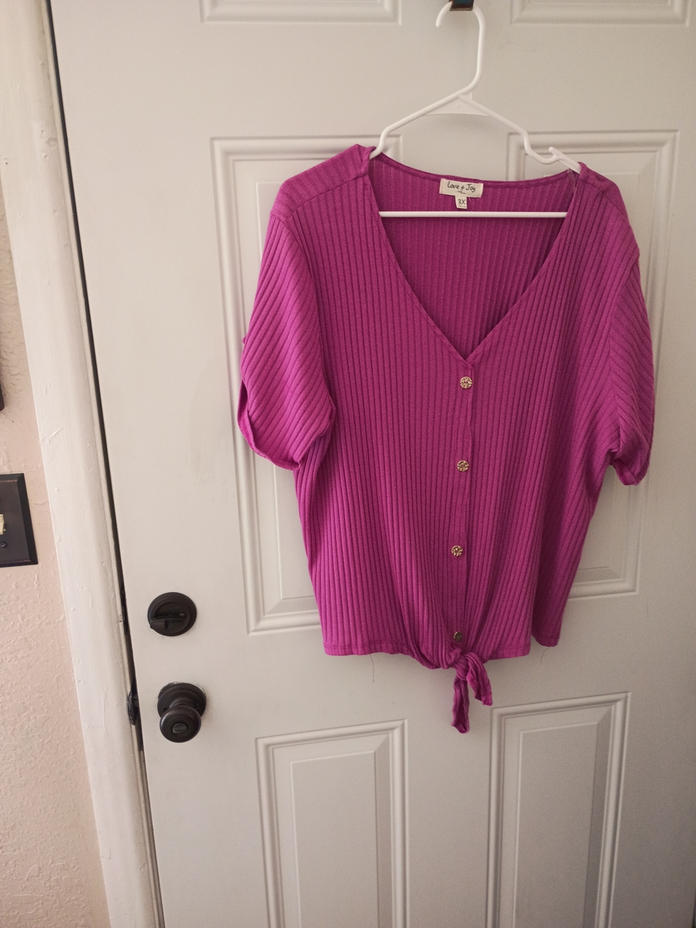 Magenta Ribbed Button-Front Tie-Hem Top